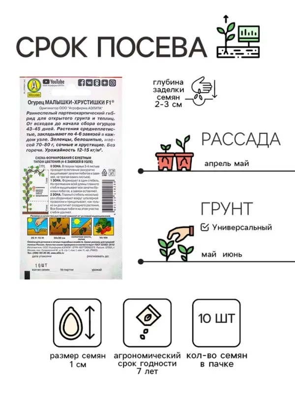 Семена Огурец Семена Огурец "Малышки-Хрустишки" F1, раннеспелый, партенокарпический, 10 шт