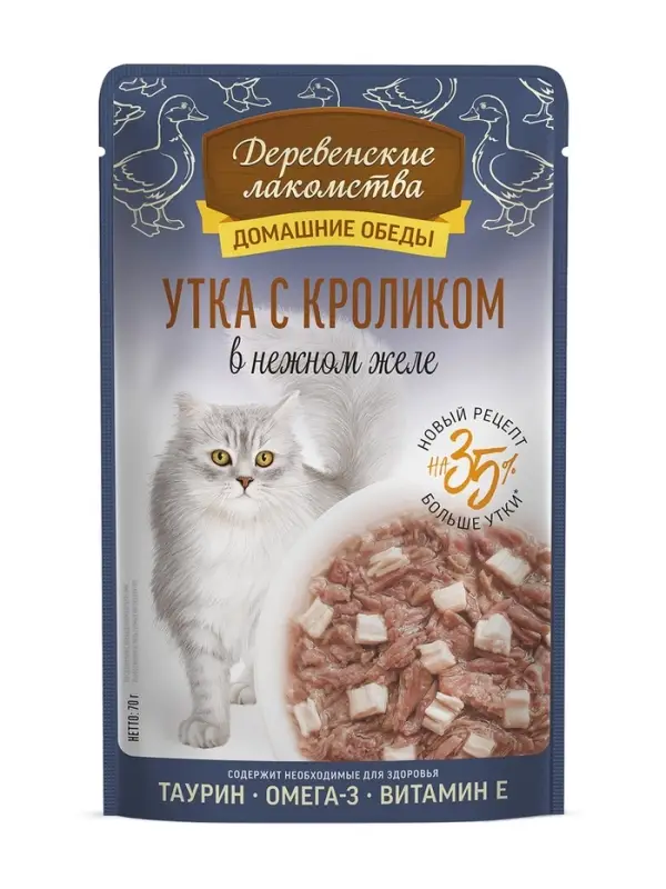 Влажный корм для кошек &laquo;Деревенские лакомства&raquo;, утка с кроликом в нежном желе, пауч, 70 г