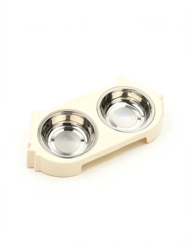 Миска двойная &laquo;Кот&raquo;, 2&times;160 мл, 30.5&times;14.9&times;5.4 см, на пластиковом основании, металл, бежевая