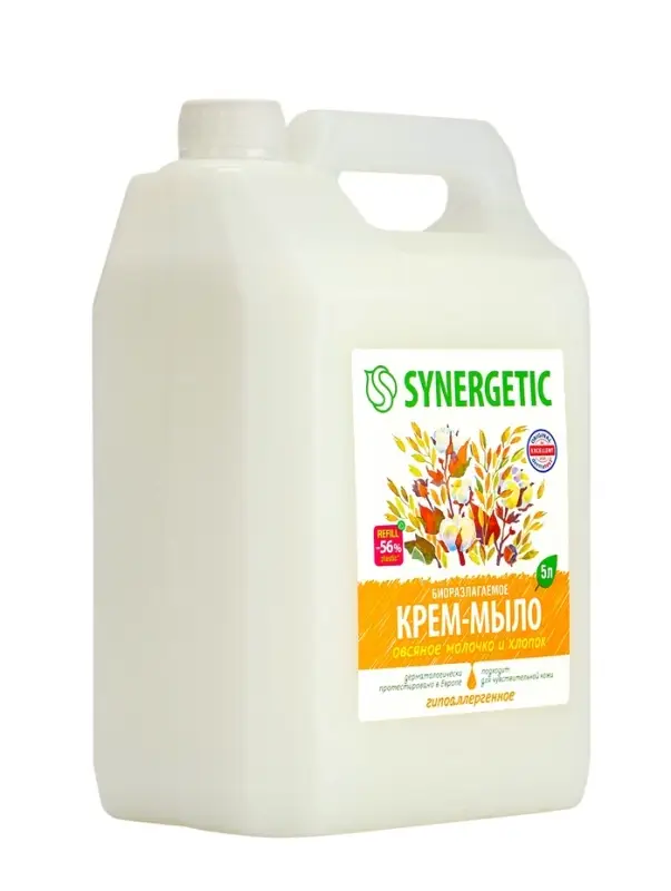 Крем-мыло жидкое биоразлагаемое для мытья рук и тела SYNERGETIC Крем-мыло жидкое биоразлагаемое для мытья рук и тела SYNERGETIC "Овсяное молочко и хлопок", 5 л 1092