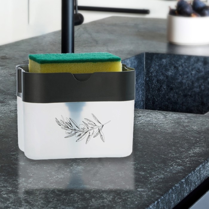 Дозатор для моющего средства кухонный «Sweet home»,с подставкой для губки, серый, 12 х 10,5 см. Дозатор для моющего средства кухонный «Sweet home»,с подставкой для губки, серый, 12 х 10,5 см.