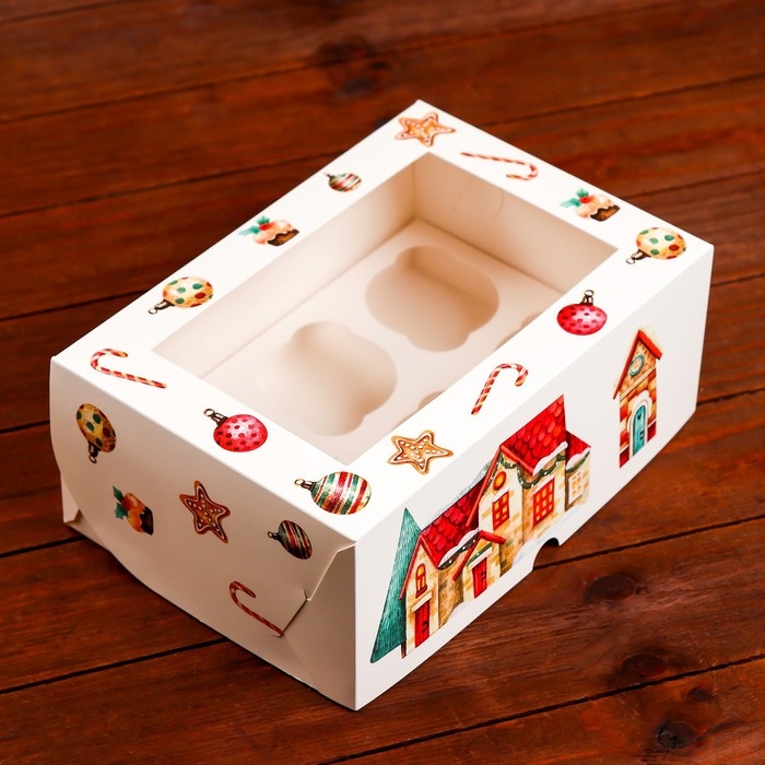 Новый год. Коробка для 6 капкейков с окном  Новый год. Коробка для 6 капкейков с окном "Рождественский домик", 25 х 17 х 10 см, упаковка