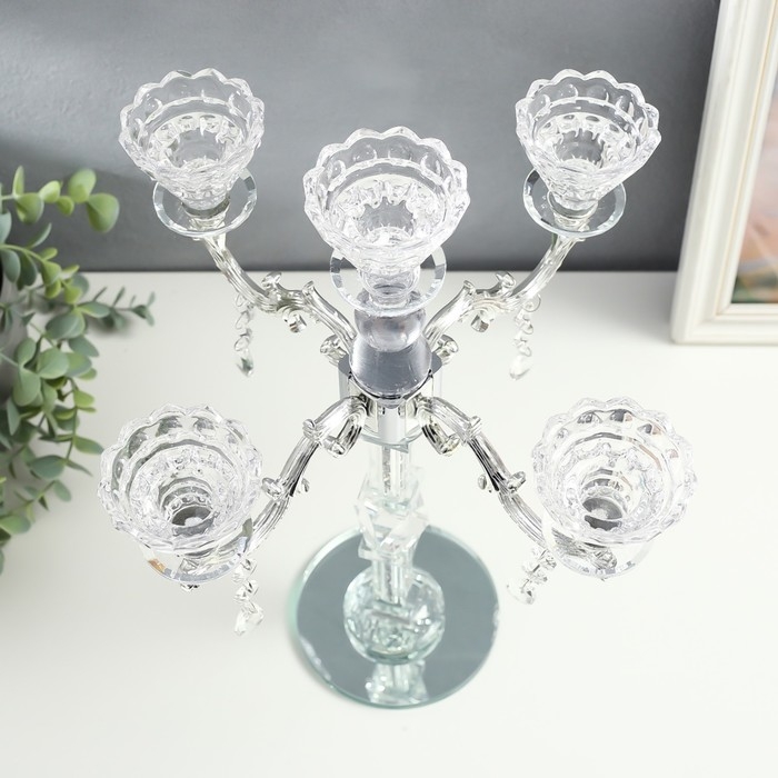 Подсвечник стекло на 5 свечей Подсвечник стекло на 5 свечей "Канделябр с хрусталиками" бисер в ножке 32х32х39,5 см