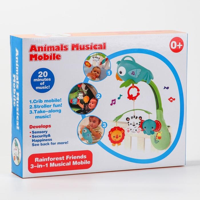 Мобиль музыкальный на кроватку «Тропический лес. Попугайчик», 3 игр., на батарейках, съемный муз.блок Мобиль музыкальный на кроватку «Тропический лес. Попугайчик», 3 игр., на батарейках, съемный муз.блок