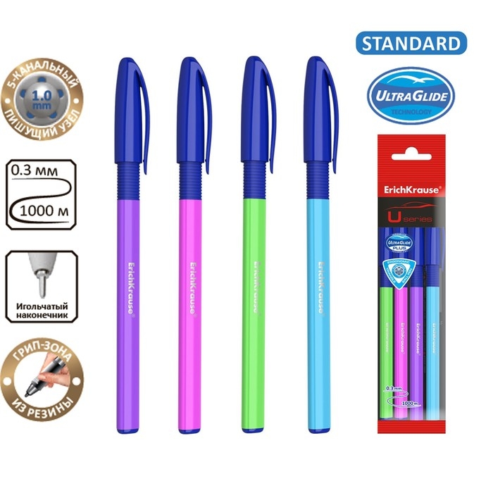 Набор ручек шариковых 4 штуки, ErichKrause U-109 Neon Stick&Grip, игольчатый узел 1.0 мм, чернила синие, супермягкое письмо, резиновый держатель, корпус неоновый, МИКС Набор ручек шариковых 4 штуки, ErichKrause U-109 Neon Stick&Grip, игольчатый узел 1.0 мм, чернила синие, супермягкое письмо, резиновый держатель, корпус неоновый, МИКС