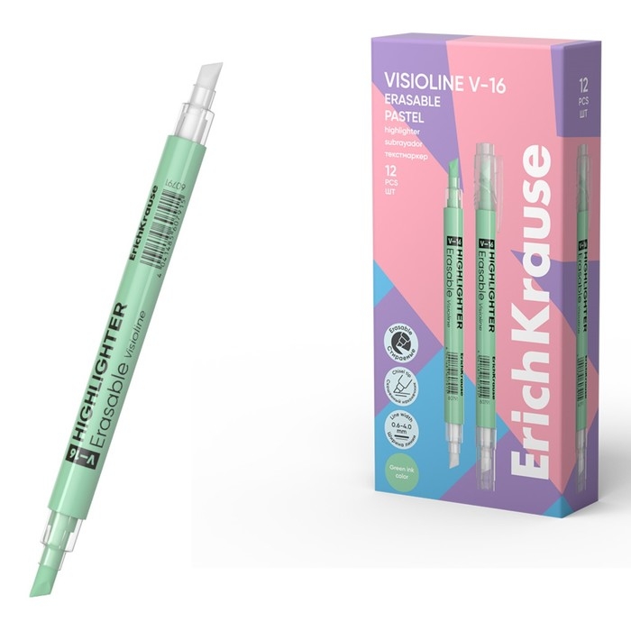Двухсторонний маркер текстовыделитель ErichKrause Visioline V-16 Erasable Pastel, 4 мм, зелёный Двухсторонний маркер текстовыделитель ErichKrause Visioline V-16 Erasable Pastel, 4 мм, зелёный