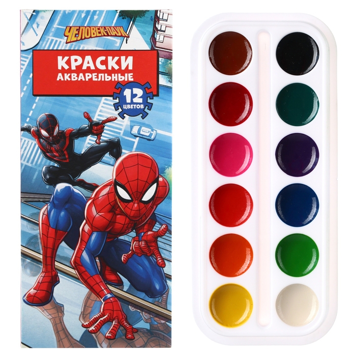 Акварель медовая «Человек-паук», 12 цветов, в картонной коробке, без кисти Акварель медовая «Человек-паук», 12 цветов, в картонной коробке, без кисти