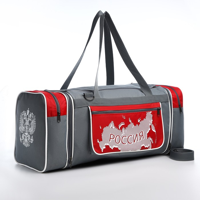 Сумка спортивная на молнии, с увеличением, 3 наружных кармана, длинный ремень, большой размер, цвет серый/красный