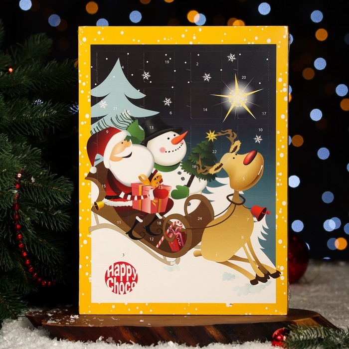 Новый год. Адвент-календарь с мини-плитками из молочного шоколада Новый год. Адвент-календарь с мини-плитками из молочного шоколада "Счастливый санта", МИКС, 50 г