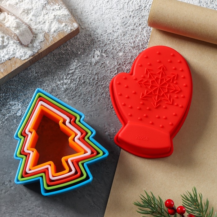 Набор для выпечки новогодний Доляна «Новогодняя», 6 предметов: форма для выпечки, набор форм для вырезания печенья 5 шт Набор для выпечки новогодний Доляна «Новогодняя», 6 предметов: форма для выпечки, набор форм для вырезания печенья 5 шт