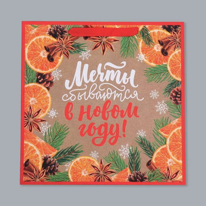 Пакет подарочный новогодний крафтовый квадратный «Мечты», 30 х 30 х 12 см, Новый год Пакет подарочный новогодний крафтовый квадратный «Мечты», 30 х 30 х 12 см, Новый год