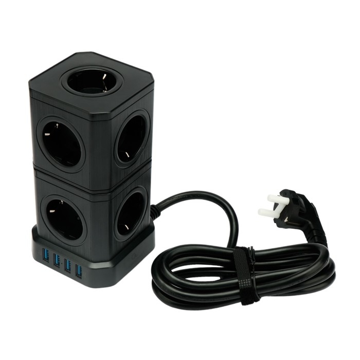 Сетевой фильтр Cablexpert Tower TWR-9-U4-B-2, 9р, 16А, 4хUSB, 3.1А, 2м, ур.защиты 4+, черный