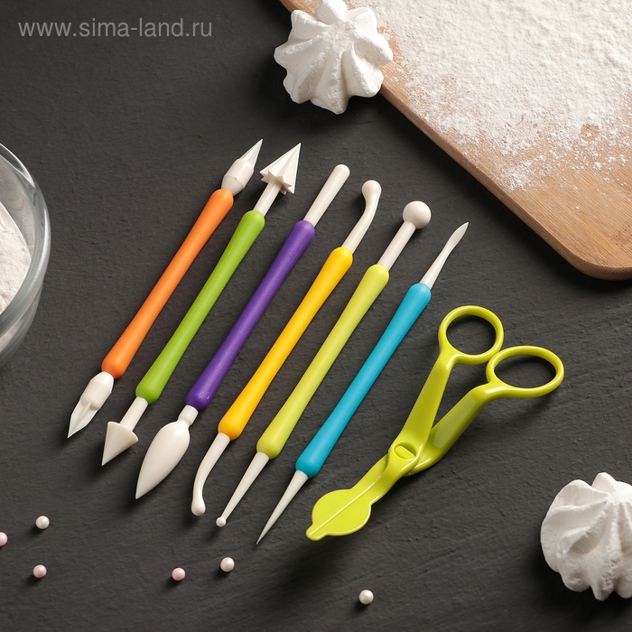 Набор для моделирования кондитерских украшений и ножницы кондитерские для переноски украшений Доляна, 6 шт, цвет и форма МИКС Набор для моделирования кондитерских украшений и ножницы кондитерские для переноски украшений Доляна, 6 шт, цвет и форма МИКС