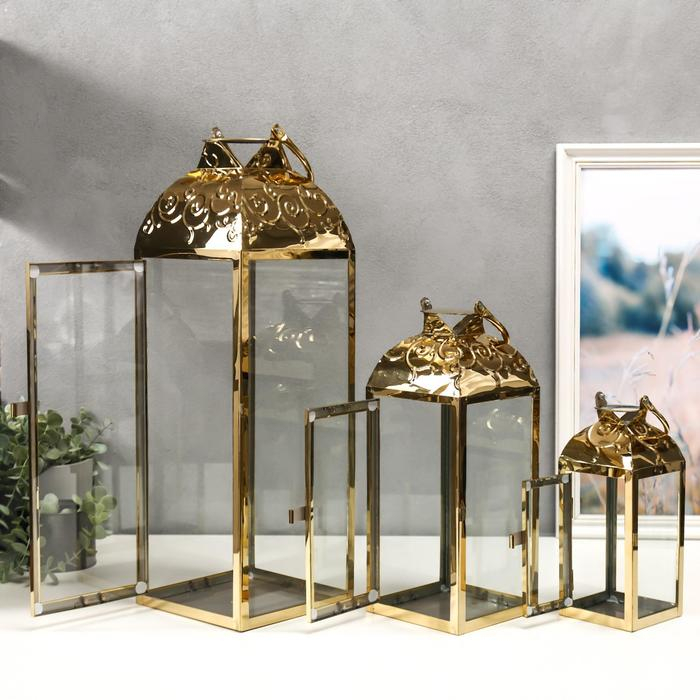 Подсвечник металл, стекло фонарь "Завитки" золото н-р 3 шт 55х18х18 37х14х14 24х10х10 см