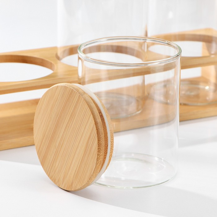 Банки стеклянные для хранения сыпучих продуктов «Эко», 3 предмета: 300/360/450 мл, 7×10/12,5/15,5 см, с бамбуковой крышкой Банки стеклянные для хранения сыпучих продуктов «Эко», 3 предмета: 300/360/450 мл, 7×10/12,5/15,5 см, с бамбуковой крышкой