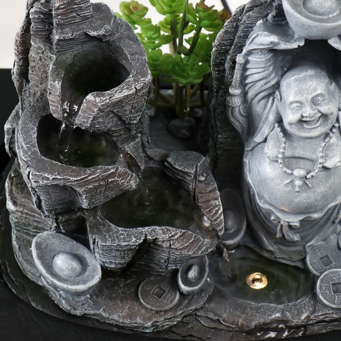 Фонтан настольный от сети, подсветка  Фонтан настольный от сети, подсветка "Хотей со слитком в каменном городе" 29х21х26 см