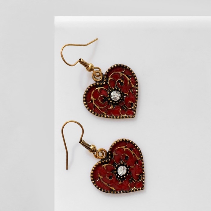 Серьги эмаль «Сердце» узорчатые, цвет красно-белый в чернёном золоте Серьги эмаль «Сердце» узорчатые, цвет красно-белый в чернёном золоте