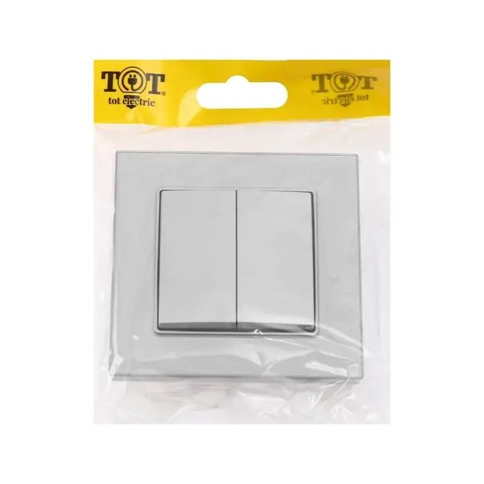 Выключатель проходной TOT Glossy Glass, 10 А, 2 клавиши, скрытый монтаж, стеклянная рамка, серебристый