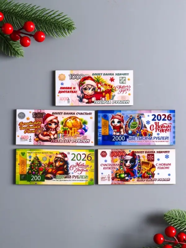 Набор новогодних магнитов "Банкноты с лошадками"вид №1 на 2026 год 5 штук