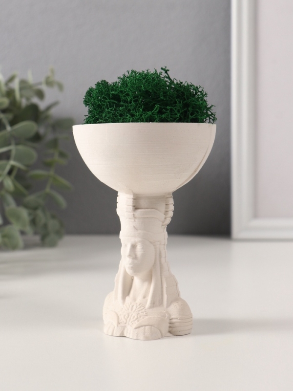 Кашпо бетонное  Кашпо бетонное "Египтянка" высота 10см, диаметр 7см белый со мхом (мох зелеый стабилиз)