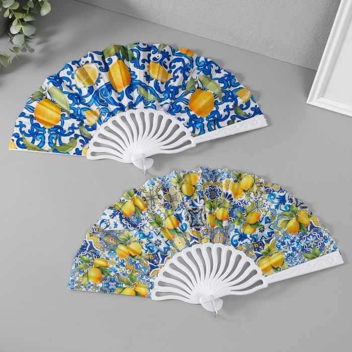 Веер пластик, текстиль  Веер пластик, текстиль "Лимонный орнамент" МИКС 23 см