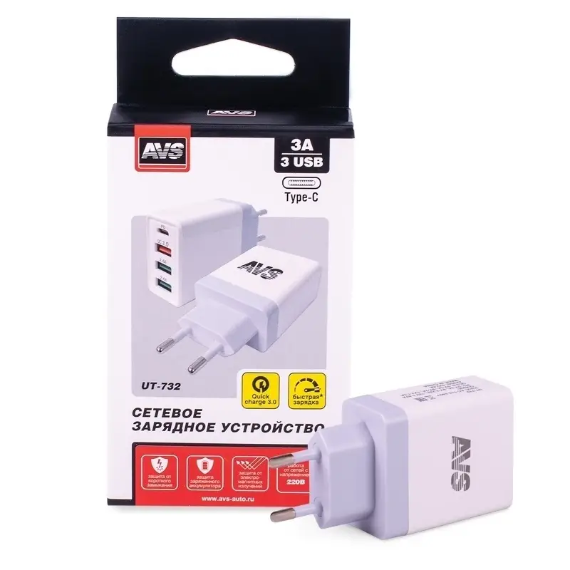 USB сетевое зарядное устройство AVS 4 порта UT-732  (QC 3.0, PD Type C, 3A )