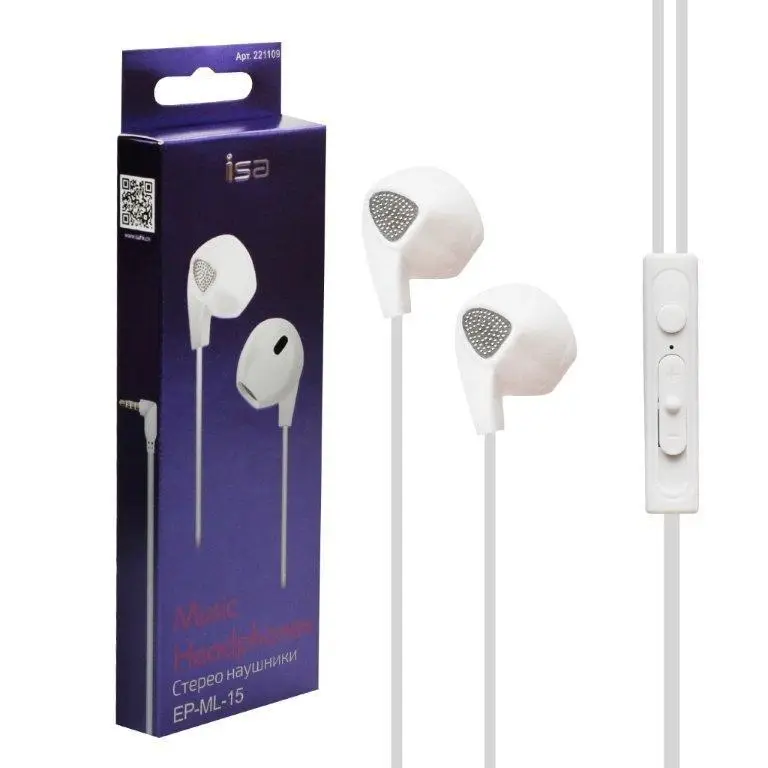 Наушники EP-MI-15 с микрофоном ISA белые Наушники EP-MI-15 с микрофоном ISA белые