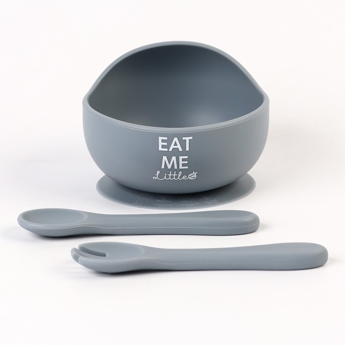 Тарелка детская на присоске и столовые приборы M&B, силикон, серый Тарелка детская на присоске и столовые приборы M&B, силикон, серый