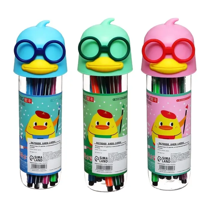 Фломастеры 12 цветов &laquo;Утка в очках&raquo;, в пластиковом пенале, МИКС