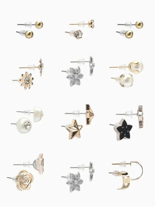 Серьги пусеты 12 пар &laquo;Фантазия&raquo; цветы и звёзды, белые в золоте