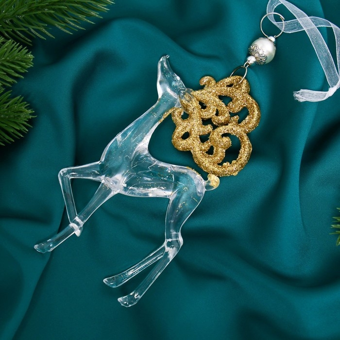 Украшение ёлочное "Олень с узорными рогами блеск" 9х16 см, микс, прозрачно-золотой
