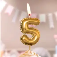 Свеча в торт на шпажке "Воздушая цифра", цифра "5", золото