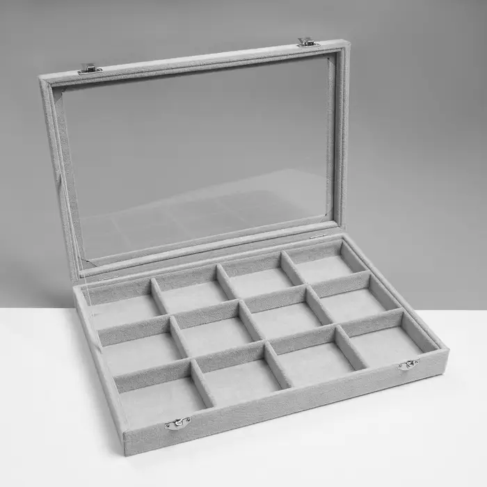Шкатулка для украшений 12 ячеек, 35&times;24&times;4.5, стеклянная крышка, серая