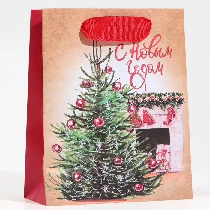 Пакет подарочный новогодний крафтовый &laquo;Вечер у камина&raquo;, S 12 х 15 х 5.5 см