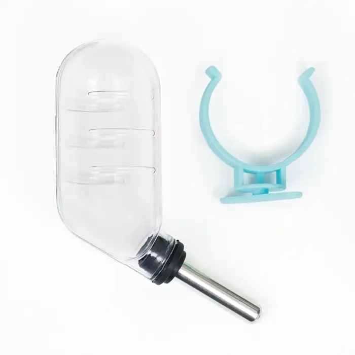Поилка для грызунов с металлическим носиком, 60 мл, прозрачная с голубым крепление