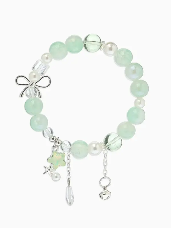 Браслет с подвесками "Сахарный" звёздочка, шар №10/8, цвет бело-светло-зелёный в серебре