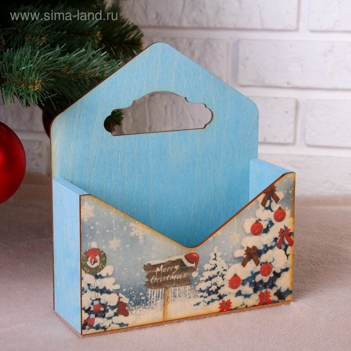 Кашпо деревянное  Кашпо деревянное "Конверт, Новогодний №1", деревянная ручка, голубое, 20,5×18×6 см
