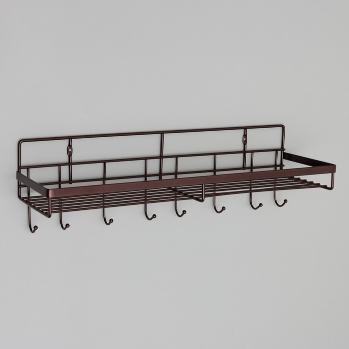 Полка бытовая с крючками Доляна, 40,4×13,3×12,5 см, цвет коричневый Полка бытовая с крючками Доляна, 40,4×13,3×12,5 см, цвет коричневый