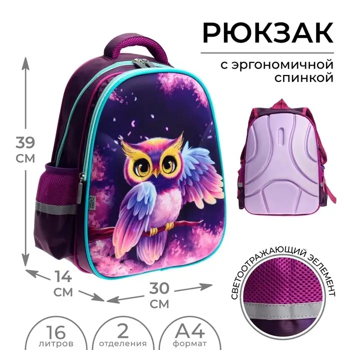 Рюкзак каркасный школьный, 39 х 30 х 14 см, Calligrata "Сова"