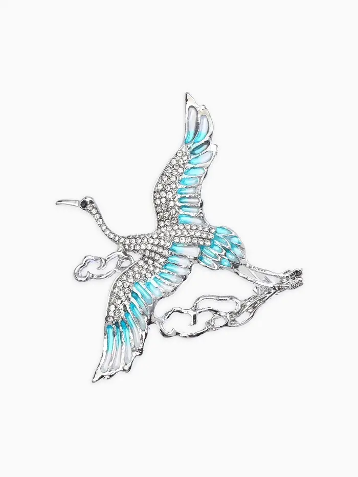 Брошь "Аист в облоках", цвет бело-голубой в серебре