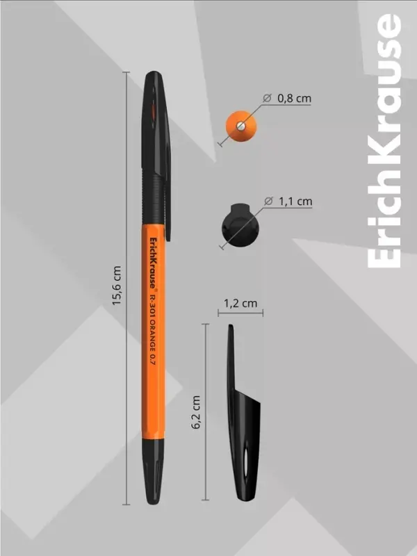 Ручка шариковая ErichKrause R-301 Orange Stick & Grip, узел 0.7 мм, чернила чёрные, резиновый держатель, длина линии письма 2000 метров