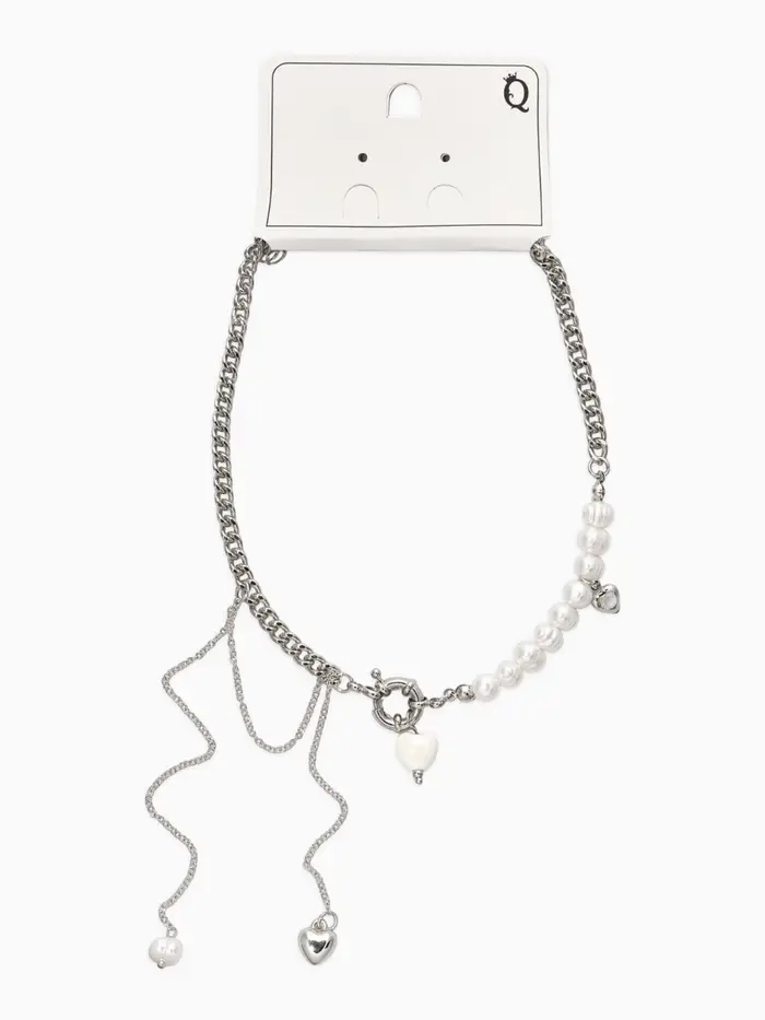 Колье &laquo;Сердце&raquo; керамика, на цепочке с жемчугом, цвет белый в серебре, L=35+7см