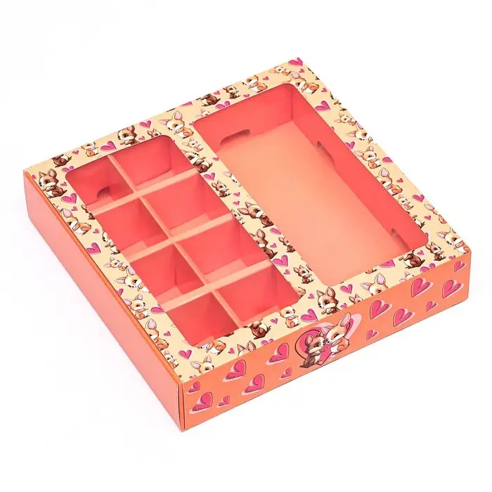 Коробка под 8 конфет + шоколад, с окном, «Лисички» 17.7×17.85×3.85 см