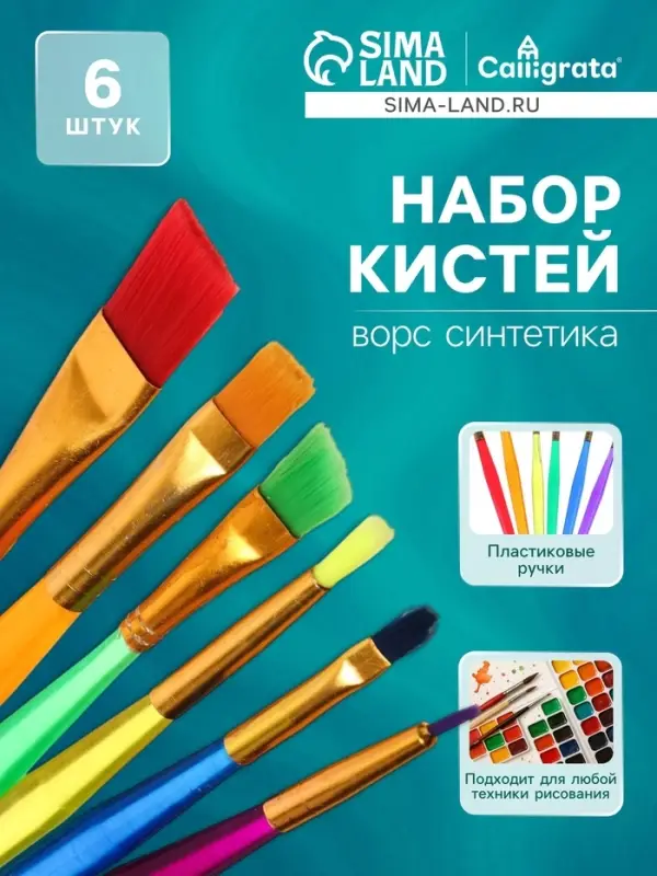 Набор кистей для рисования, синтетика, 6 штук, &laquo;Радуга&raquo;, круглые, плоские
