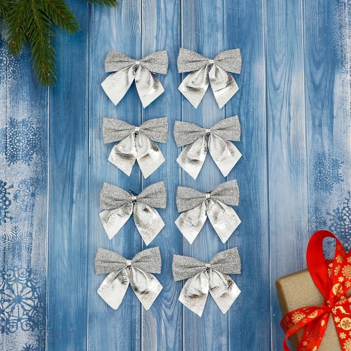 Украшение ёлочное Украшение ёлочное "Бантик с блеском" (набор 8 шт) 4,5х5,5 см, серебро