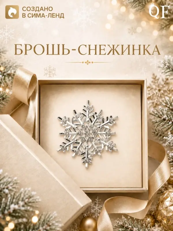 Брошь новогодняя &laquo;Снежинка узорчатая&raquo;, белая в серебре