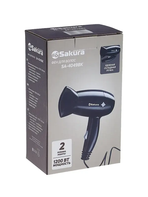 Фен Sakura SA-4049BK, 1200 Вт, 2 скорости, 2 температурных режима, провод 1.6 м, чёрный