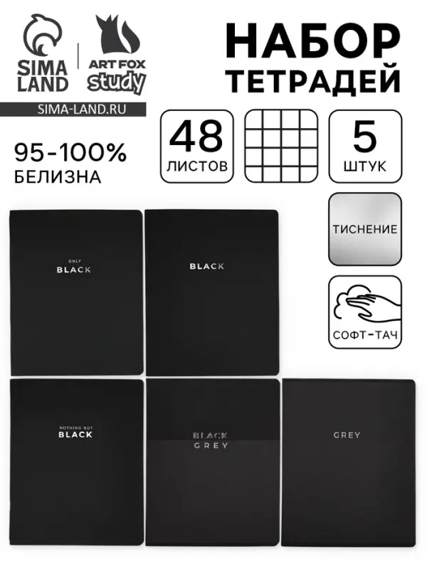 Тетради в клетку, 48 л., набор из 5 шт., блок №1, Black or Gray