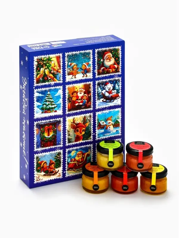Адвент календарь новогодний с мёдом «Счастливого Нового года», облепиха, кедровые орешки, малина, цитрус, клубника Адвент календарь новогодний с мёдом «Счастливого Нового года», облепиха, кедровые орешки, малина, цитрус, клубника