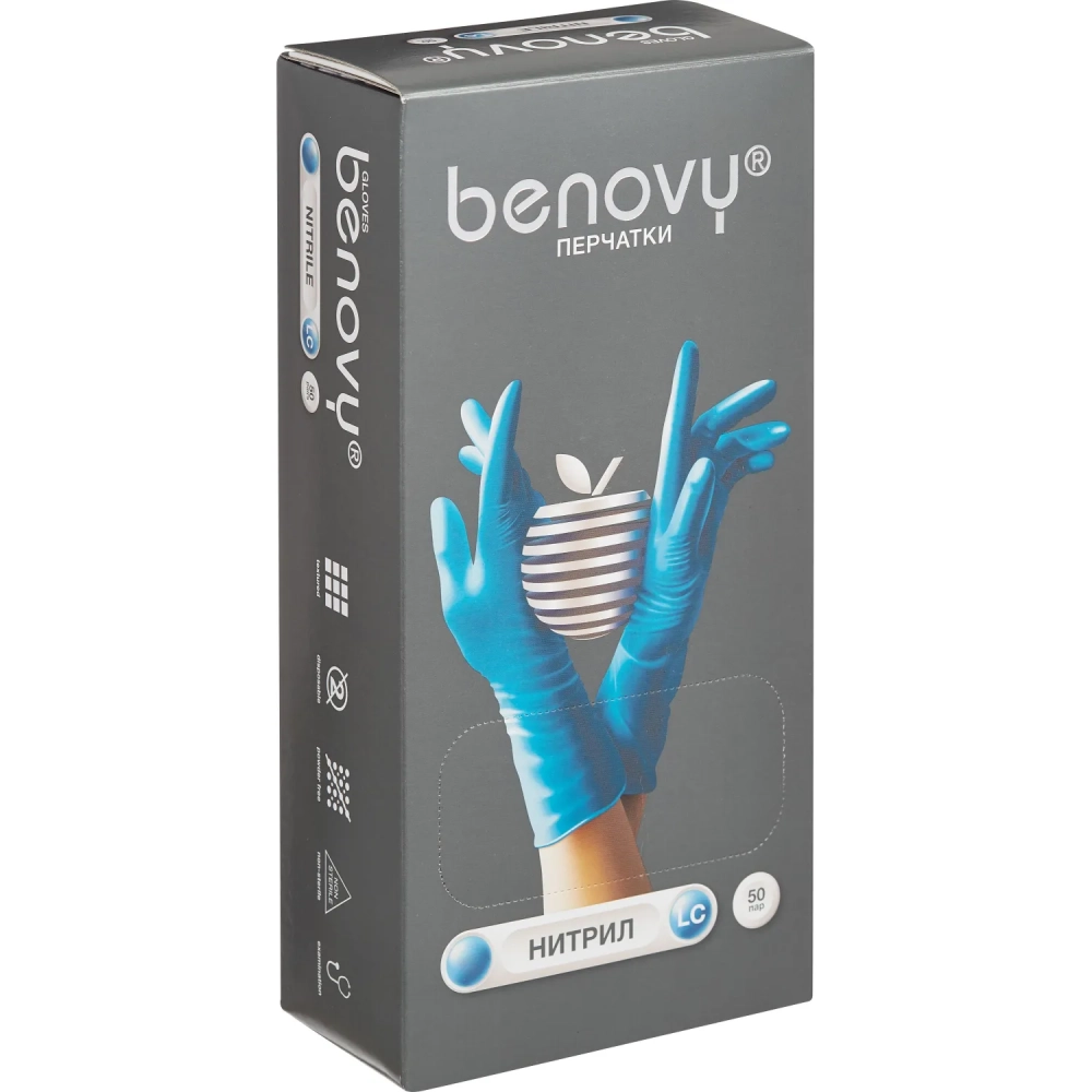Перчатки нитрил, н/c, н/о, удлиненные, Benovy (M) 50п/уп, гол